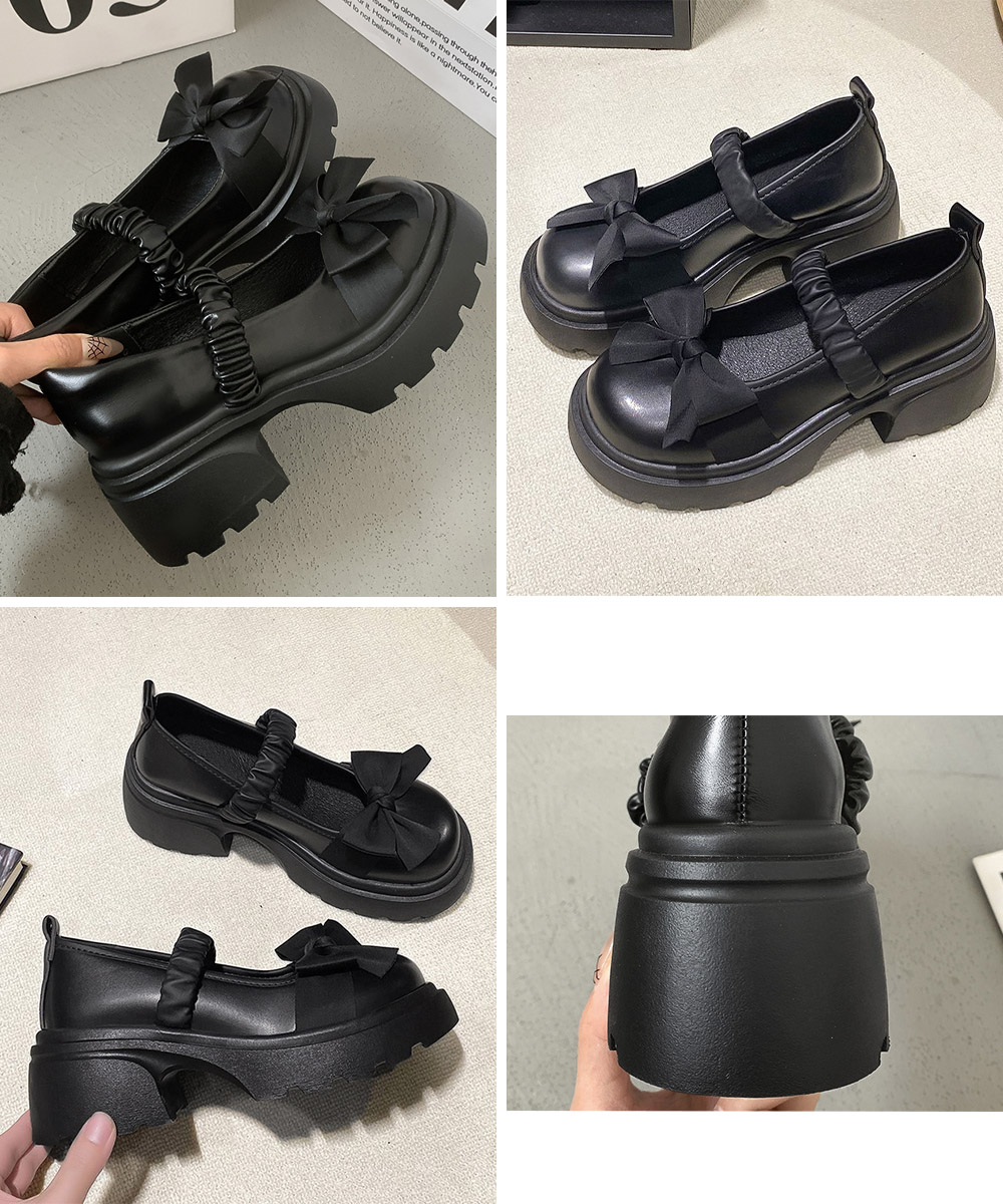 リボン付き厚底ローファー丸形つま先パンプス