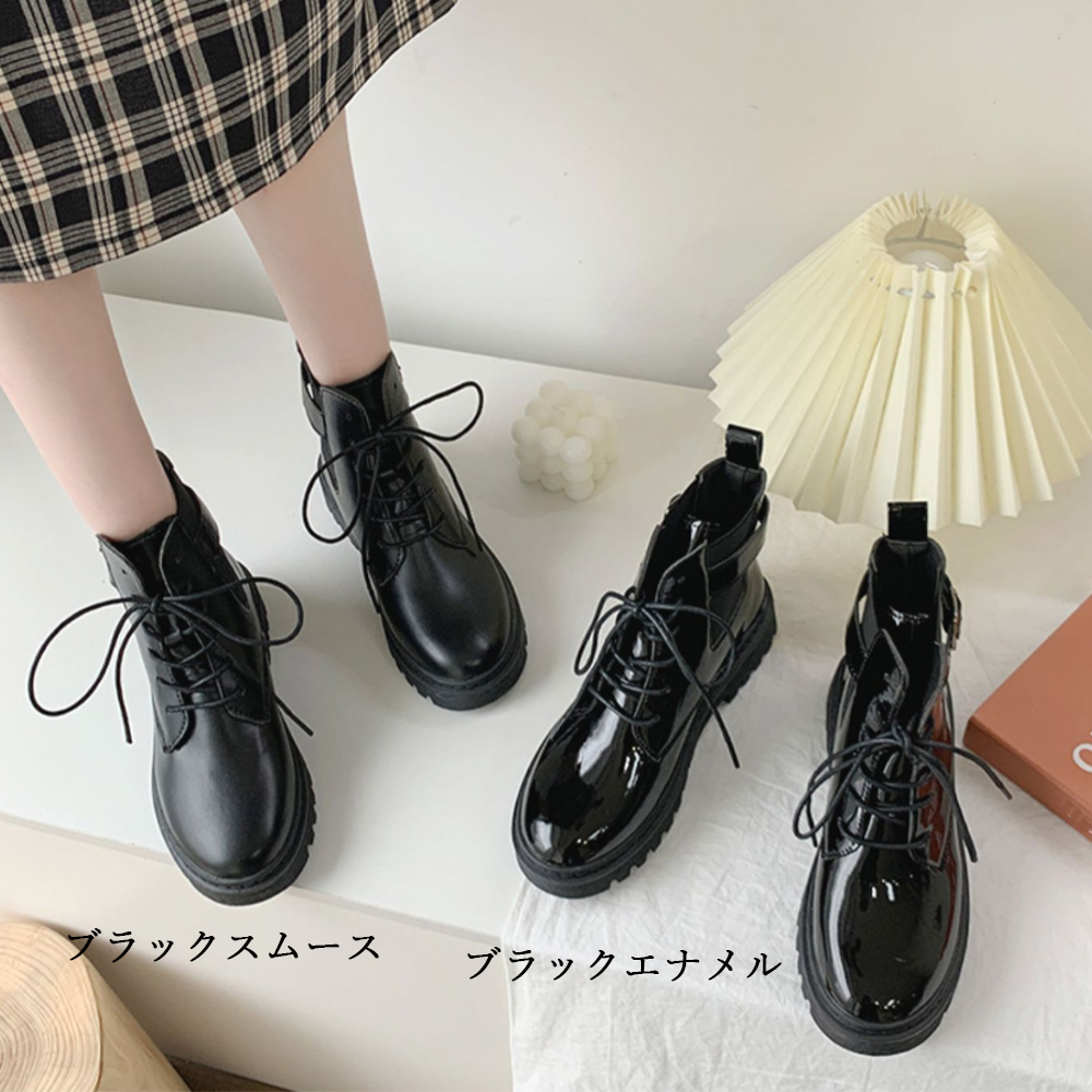 【韓国風×美脚】編み上げ 厚底ショートブーツ｜3.5cmヒール×ベルト付き×スリム設計