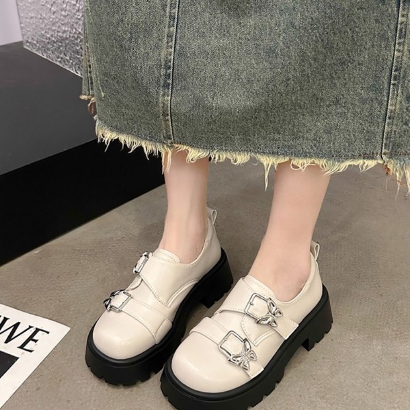 厚底ローファー 合成皮革 蝶々金具 女性用靴