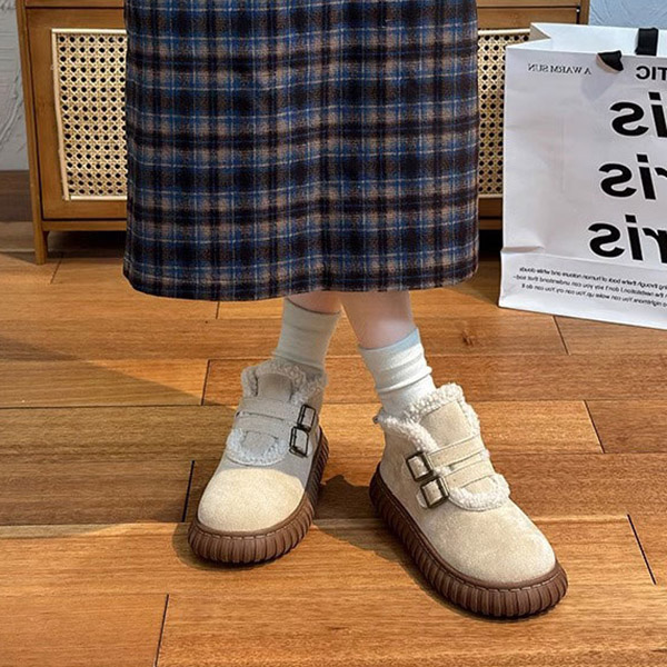 厚底 レディース ムートン風ブーツ 裏ボア 二連ベルト 暖かショートブーツ