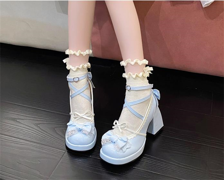 可愛いリボン付き厚底パンプス ストラップシューズ